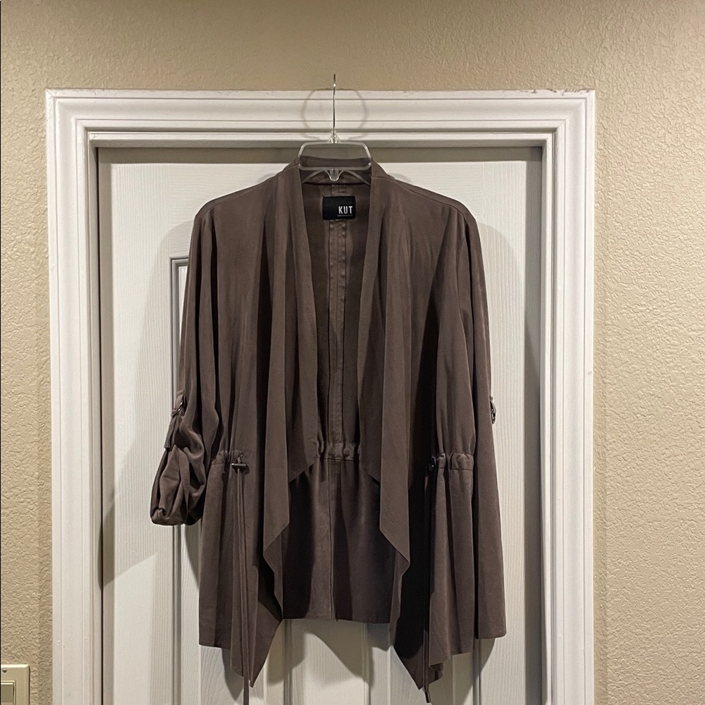 Kut from the Kloth Taupe Brown Faux Suede Open-Front Cardigan